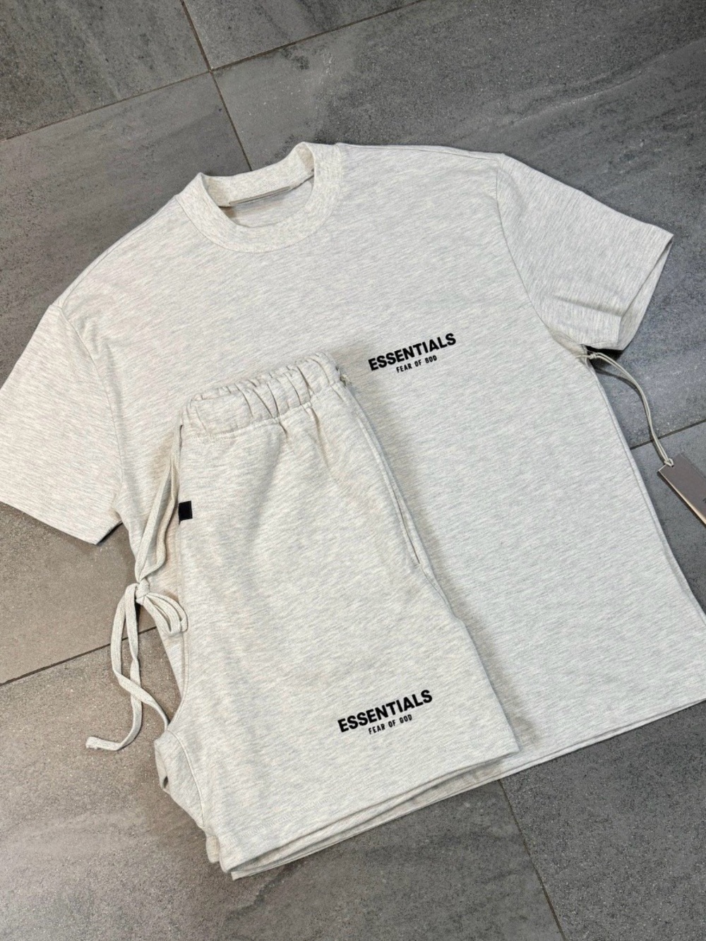 Essentials Men’s Light Heather Grey Logo Tee and shorts